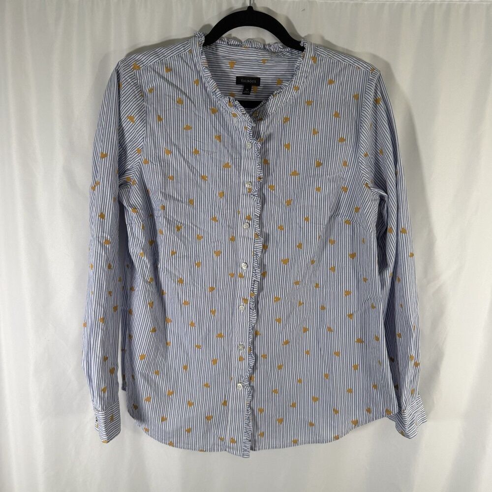 Talbots Blouse Women's Medium Blue Striped Button Up Long Sleeve Hearts Cotton